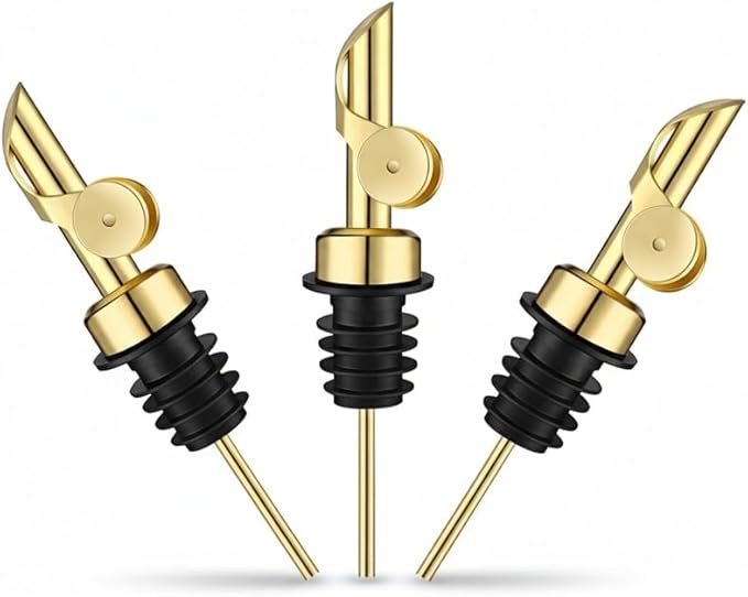 3 Pack Gold Stainless Steel Bottle Pourer Spouts, Leak Resistant Speed Pourers for Liquor, Wine, Oil, Spirit Bottles, Home Bar Kitchen Party Use