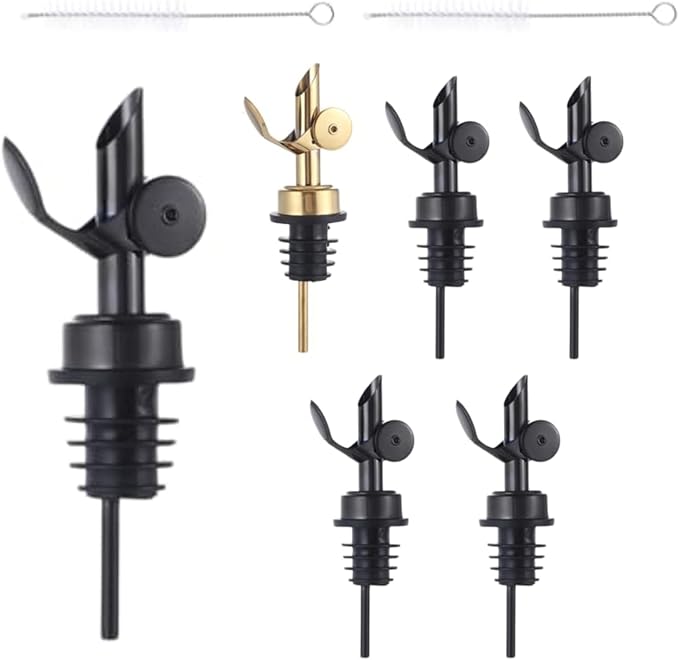 beyonday 6pcs Self Closing Liquor Bottle Pourers - Black, Auto Flip Wine Bottle Stoppers with Rubber Dust Cap & Cleaning Brush, Weighted Olive Oil Vinegar Dispenser Spout, Fit about 3/4'' Bottle Mouth
