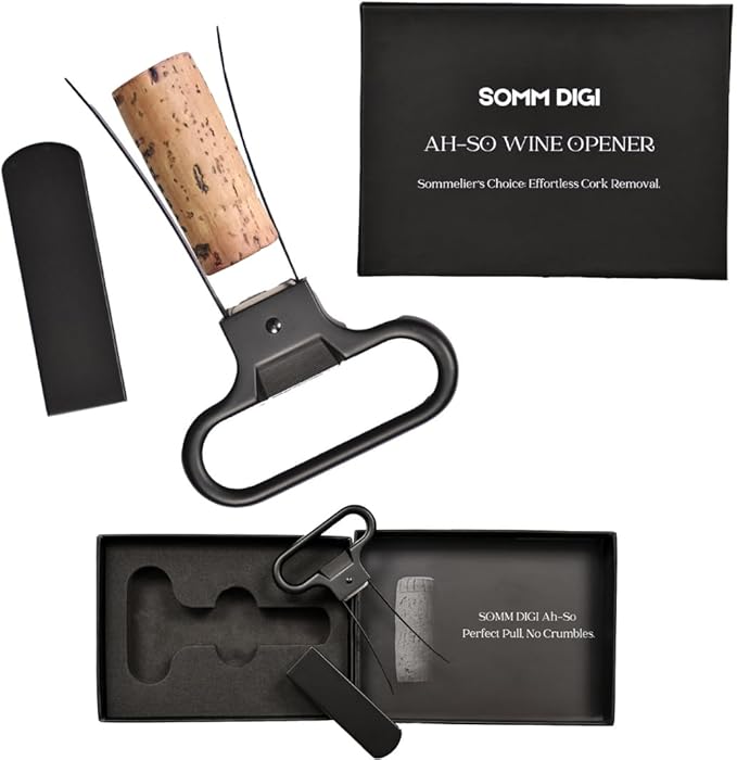Sommelier Ah-So Wine Opener with Corkscrew & Gift Wine Disc – Two-Prong Cork Puller for Aged Wines, Crumb-Free Cork Removal.