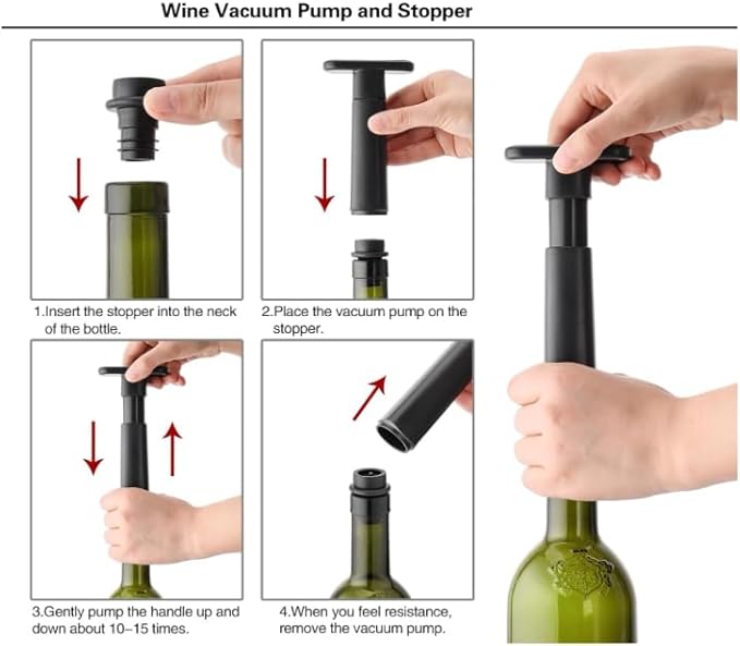 Wine Saver Vacuum Pump with 4 Stoppers, Wine Stopper & Preserver, Reusable Bottle Sealer Keeps Fresh, Ideal Accessories Gift for Wine lover