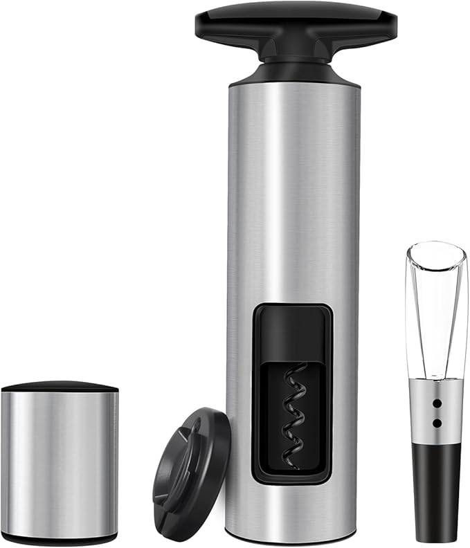 Effort-Saving Wine Opener Set by ELMWAY, Sleek Self-Pull Manual Corkscrew with Foil Cutter, Vacuum Stopper & Wine Aerator Pourer, Stainless Steel Body, Easy to Use for Home & Parties - Silver