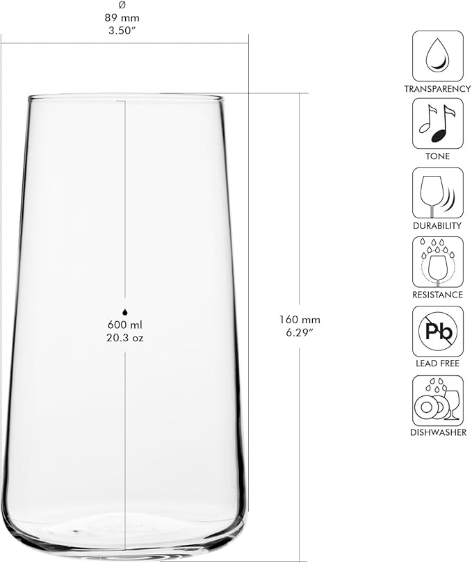 Krosno Drinking Glasses Set of 4 – 20.3 oz Large Water Juice Glasses Infinity Collection, Modern Tapered Highball Tumblers, Clear Glassware for Cocktails, Dishwasher Safe, Made in Europe