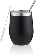 12 oz Insulated Wine Tumbler with Lid and Straw,Stainless Steel Stemless Wine Tumbler Glasses Double Wall Vacuum Wine Cups Tumbler Bulk for Coffee,Champaign,Cocktail（Black,1）