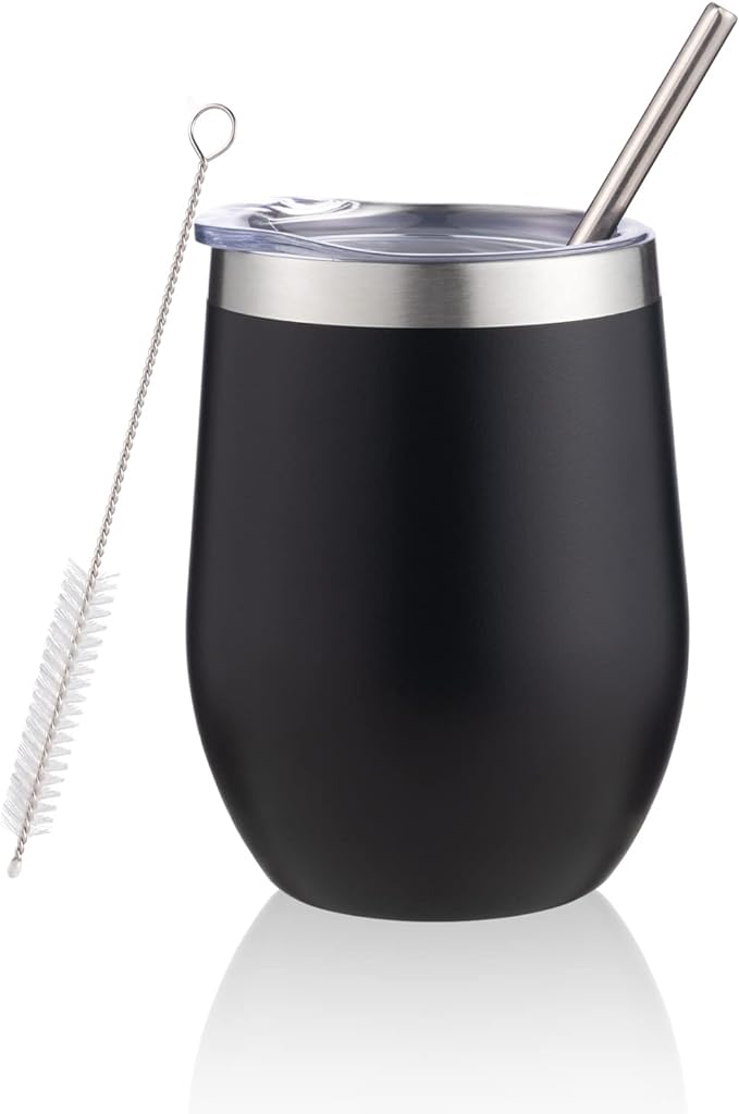 12 oz Insulated Wine Tumbler with Lid and Straw,Stainless Steel Stemless Wine Tumbler Glasses Double Wall Vacuum Wine Cups Tumbler Bulk for Coffee,Champaign,Cocktail（Black,1）