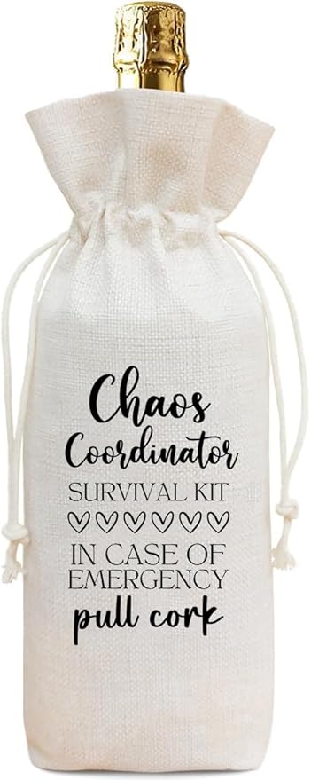 Funny Chaos Coordinator Survival Kit Wine Bag, Linen Drawstring Wine Bottle Gift Bag, Reusable Wine Pouch for Mom Teacher Boss Office Staff, 13 x 5.7 Inch - A12