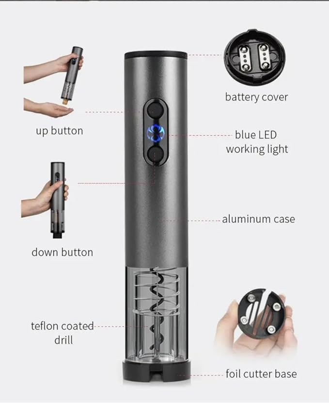 Electric Wine Opener Gift Set with Aerator & Pourer, Foil Cutter, Vacuum Preservation Stopper, Rechargeable, Wine accessories for Home and Bar.