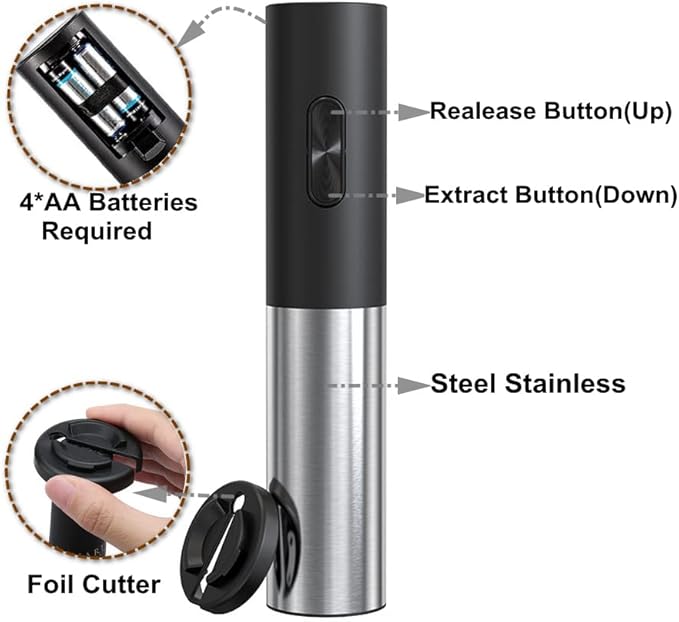 Electric Wine Opener Battery Operated Wine Bottle Openers with Foil Cutter One-touch Button Reusable Automatic Wine Corkscrew Remover for Home Kitchen Party Bar Restaurant