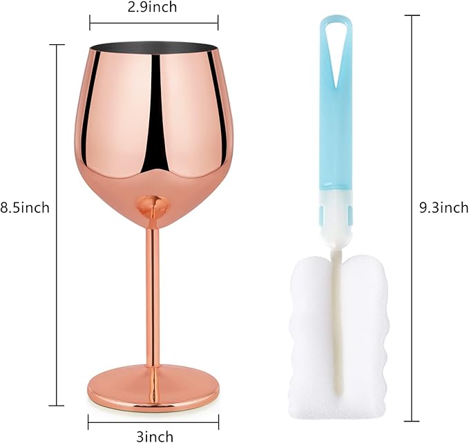 Lifecapido Stainless Steel Stem Wine Glasses Set of 6, 18oz Copper Wine Glasses, Stainless Steel Wine Goblets with Cup Brush for Party Office Wedding Anniversary, Great for Red White Wine(Rose Gold)