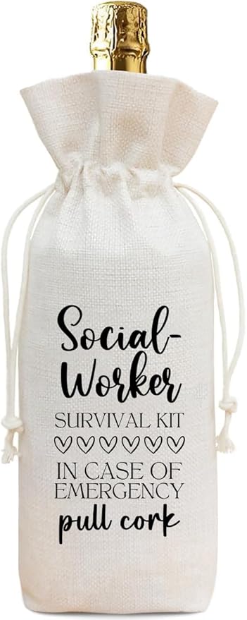 Funny Social Worker Survival Kit Wine Bag, Linen Drawstring Wine Bottle Gift Bag, Reusable Wine Pouch for Social Worker Appreciation Retirement Birthday, 13 x 5.7 Inch - A10