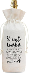 Funny Social Worker Survival Kit Wine Bag, Linen Drawstring Wine Bottle Gift Bag, Reusable Wine Pouch for Social Worker Appreciation Retirement Birthday, 13 x 5.7 Inch - A10