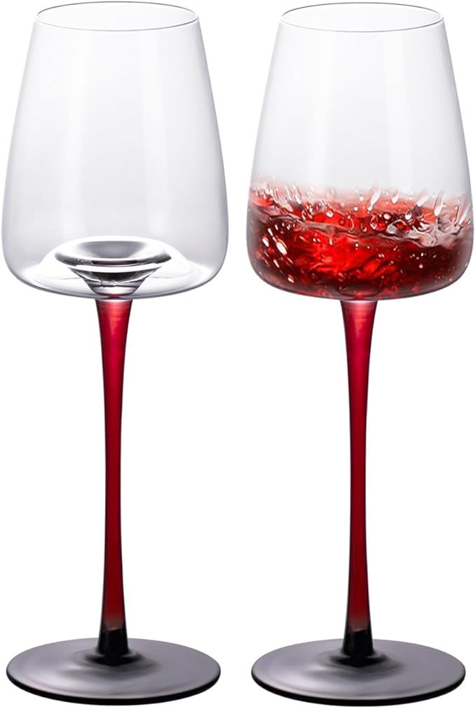KAMMAK Wine Glasses Set of 2, 12.17 oz Hand Blown Crystal Bordeaux Wine Glasses, Thin Rim & Long Stem, Perfect for Red & White, Daily Use, Wedding or Birthday Gift with Gift Box, XH-H240 Black Base