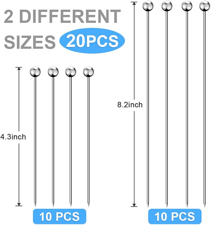 20PCS Cocktail Picks for Drinks, Stainless Steel Cocktail Toothpicks Long, Reusable Cocktail Skewers, Metal Martini Picks for Olives Appetizers Fruit Bloody Mary skewers (4.3 in/8.2 in)