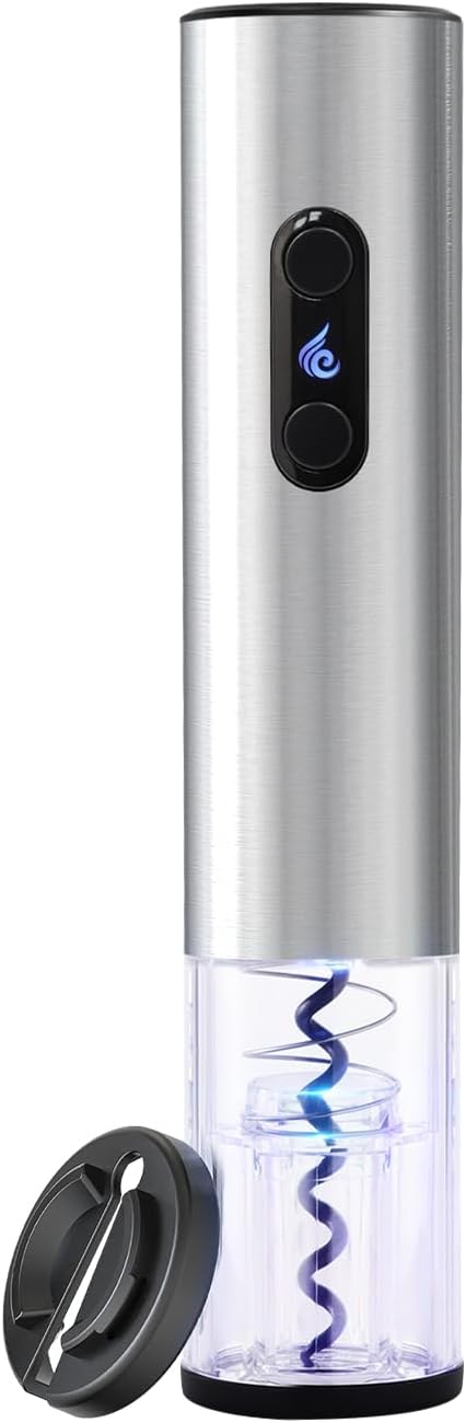 Battery Operated Electric Wine Opener by ELMWAY - Stainless Steel Electric Corkscrew with LED Light & Foil Cutter, Simple Push-Button Operation for Wine Lover (Silver, 4 x AA Not Included)