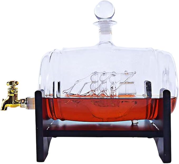 Whiskey Decanter Set for Men - 35 oz, Glass Drink Dispenser for Alcohol or Wine with 2 Diamond Whiskey Glasses - Home Bar Accessories or Holiday Gifts for Dad (Barrel Ship)
