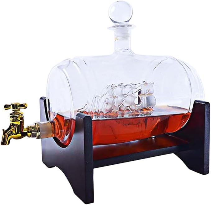 Whiskey Decanter Set for Men - 35 oz, Glass Drink Dispenser for Alcohol or Wine with 2 Diamond Whiskey Glasses - Home Bar Accessories or Holiday Gifts for Dad (Barrel Ship)