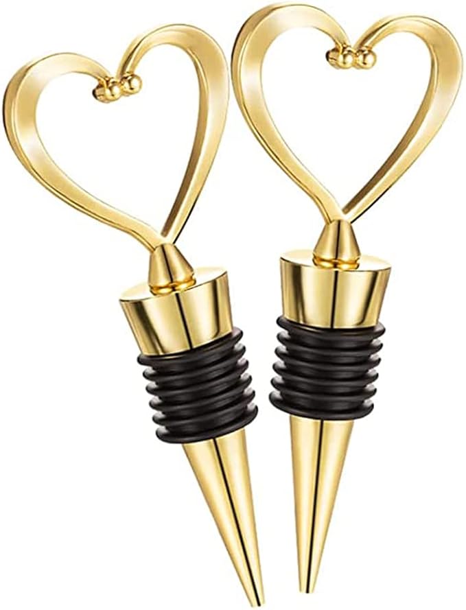 4 Pcs Gold Stainless Steel Love Design Wine Bottle Stoppers, Heart Shape Wine and Beverage Bottle Stoppers for Guests