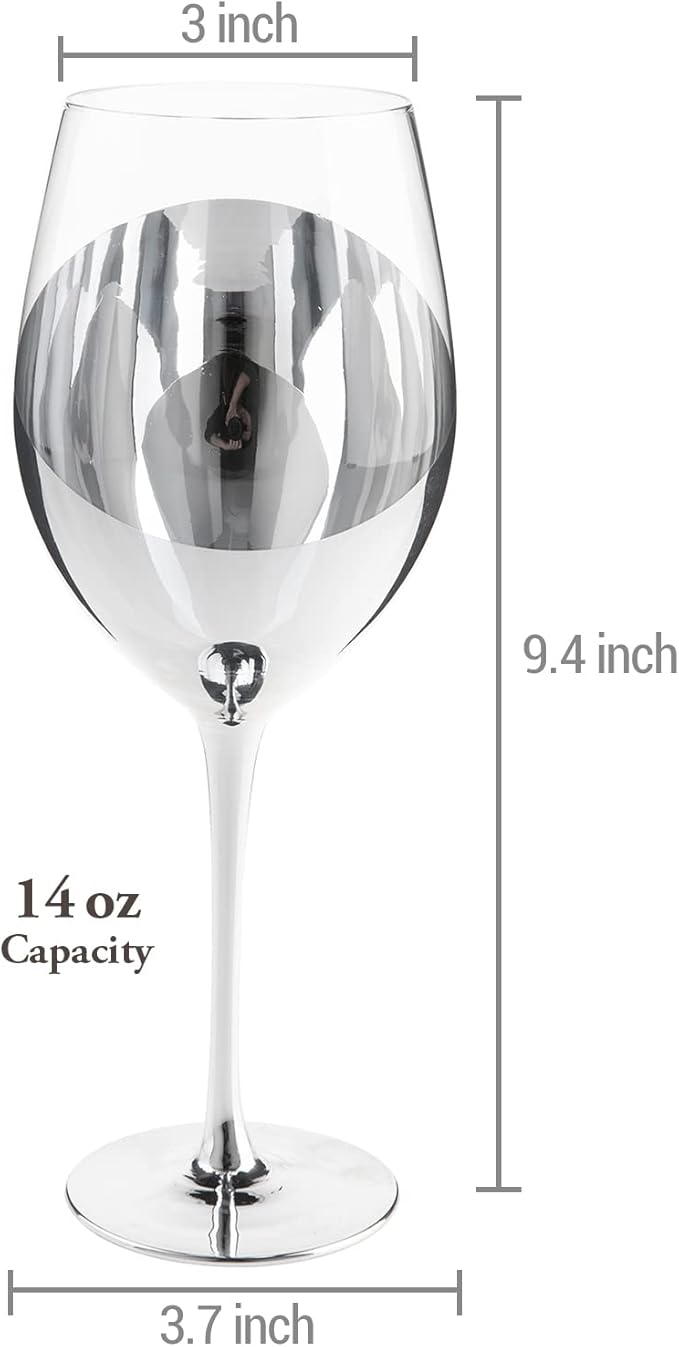 MyGift Modern Silver Long Stemmed Wine Glasses for White or Red Wine with Elegant Angled Design, Set of 4