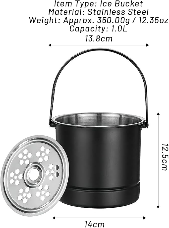1L Ice Bucket, Professional Thickened Stainless Steel Ice Container with Filter Plate and Carrying Handle, Portable Chiller Bin Basket Black for Bar Parties Restaurant Bar(14x13.8x12.5cm)