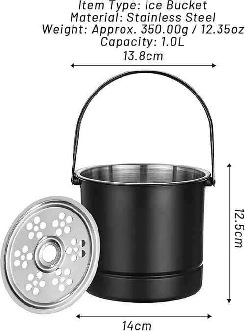 1L Ice Bucket, Professional Thickened Stainless Steel Ice Container with Filter Plate and Carrying Handle, Portable Chiller Bin Basket Black for Bar Parties Restaurant Bar(14x13.8x12.5cm)