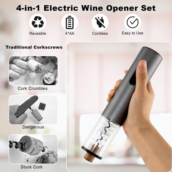 Electric Wine Opener Set, Battery Powered Wine Bottle Opener with Foil Cutter, Vacuum Stopper, Wine Pourer & Storage Base, Automatic Corkscrew Kit for Wine Lovers, Gift for Men Women (Black)