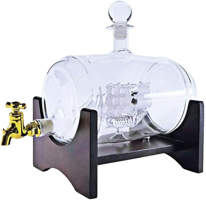 Whiskey Decanter Set for Men - 35 oz, Glass Drink Dispenser for Alcohol or Wine with 2 Diamond Whiskey Glasses - Home Bar Accessories or Holiday Gifts for Dad (Barrel Ship)