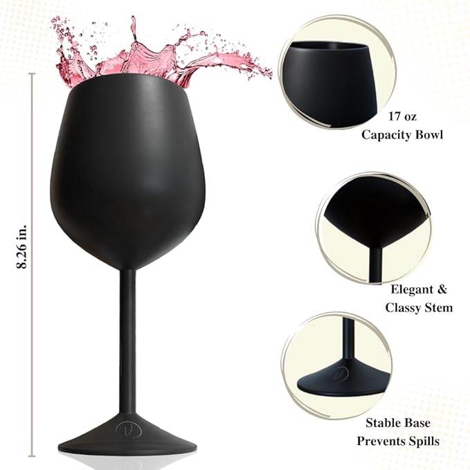 Mother’s Day Gift for Mom – Set of 2 Black Stainless Steel Wine Glasses, 17oz Engraved Goblets with Bottle Stopper, Unbreakable Elegant Wine Cups, Gift for Women, Wife, Mom, Sister