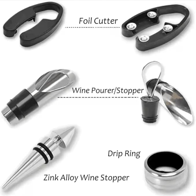 GOODHOY-Wine Accessories Gift Set in Bottle-Shaped Case, 5-Piece Premium Wine Opener Kit with Corkscrew, Stopper, Pourer, Drip Ring & Foil Cutter — Gift-Ready Box with a Real Bow