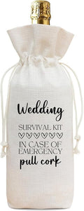 Wedding Gift Wine Bag for Bride Groom, Funny Survival Kit Linen Drawstring Wine Bottle Cover, Reusable Wine Pouch for Bridal Shower Engagement Wedding Anniversary Gift - A09