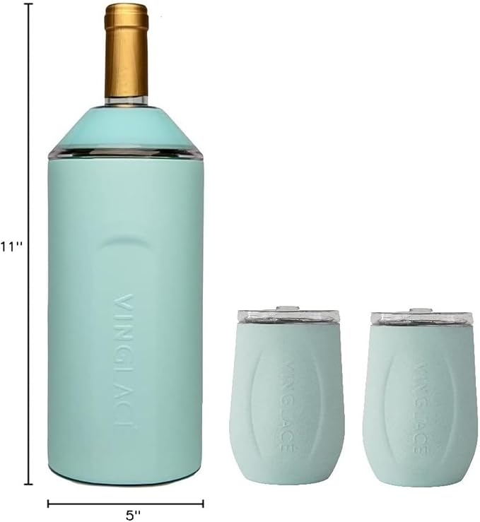 Vinglacé Wine Bottle Chiller Gift Set- Portable Stainless Steel Wine Cooler with 2 Stemless Wine Glasses, Sea Glass