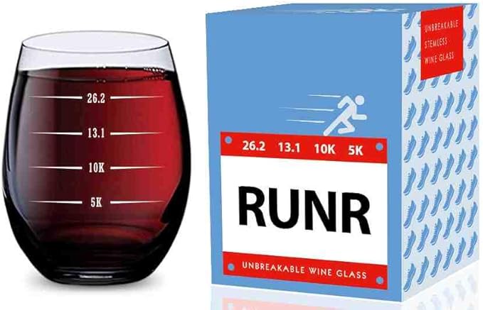 GSM Brands Stemless Wine Glass for Runners (5K, 10K, 13.1, 26.2 Measurements) Made of Unbreakable Tritan Plastic and Dishwasher Safe - 16 ounces