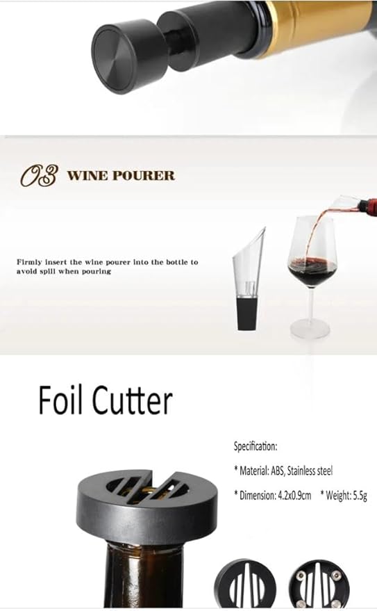 Electric Wine Opener Gift Set with Aerator & Pourer, Foil Cutter, Vacuum Preservation Stopper, Rechargeable, Wine accessories for Home and Bar.
