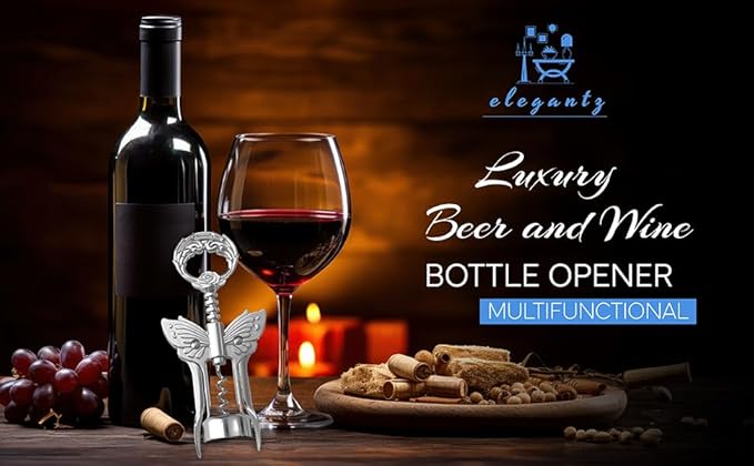 ELEGANTZ Luxury Multifunctional Wine Bottle Opener with Foil Cutter, Beer Opener, Butterfly Design - Heavy Duty Zinc Alloy, Chrome Plating - Gift for Wine Lovers