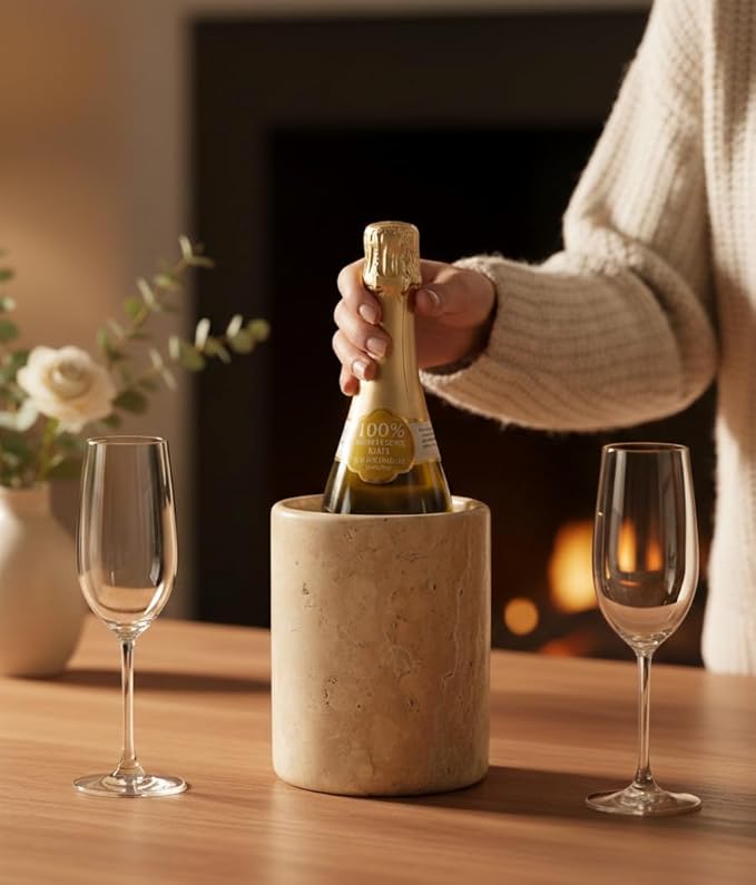 Marble Wine Chiller Handmade 6.5'' Travertine Champagne Chiller for Party - 750ml Wine Bottle Cooler for Kitchen, Bar Cart Decor to Chill & Keep Bottles Cold with Unique Wine Lovers Gift