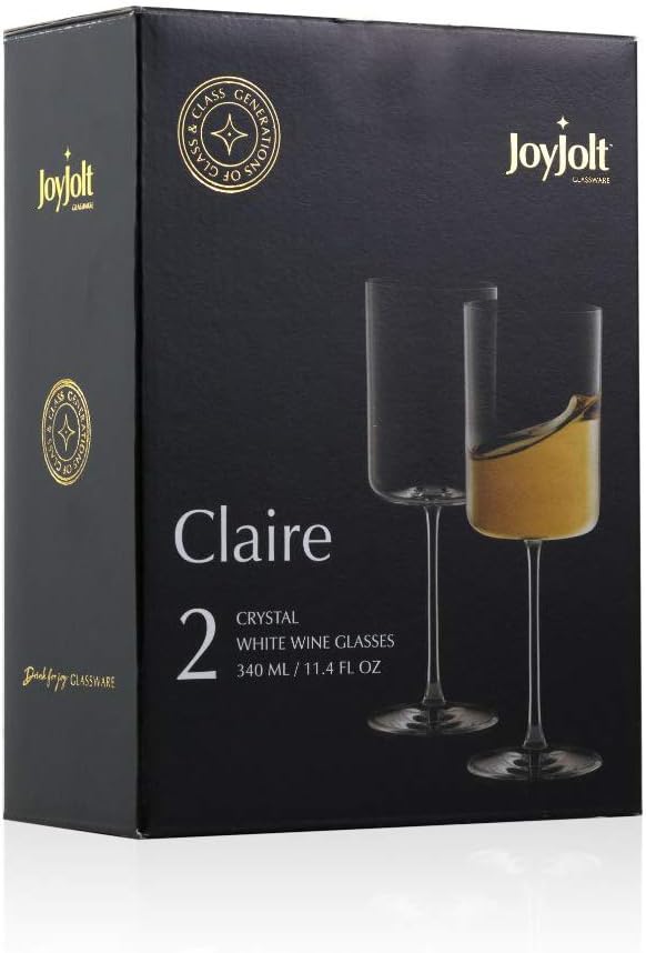 JoyJolt Claire 11.4oz White Wine Glass Set of 2, Elegant Crystal Stemware Stemmed Wine Glasses Made in Europe, Unique and Modern Glasses with Stem