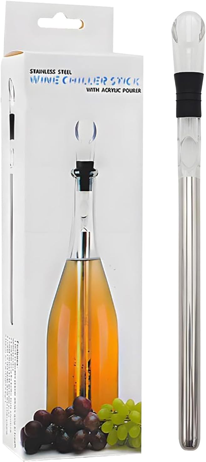 Chiller Bar - Red Chiller Rod, Stainless Steel Iceless Bottle Cooler with Stopper and Pourer | Perfect Wine Chiller Accessory at Home, Bar, Fes