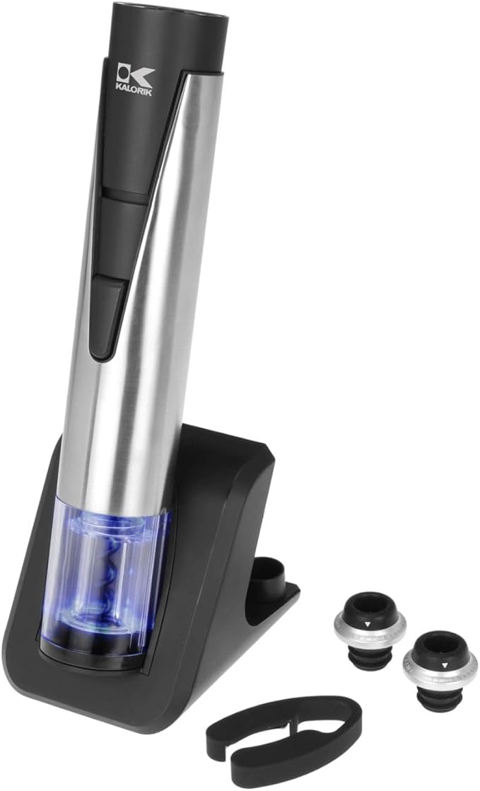 Kalorik Electric Wine Opener and Preserver Includes 2-in-1 Bottle Opener and Preserver Wine Pourer and 2 Stoppers Foil Cutter and Charging Base, Stainless Steel