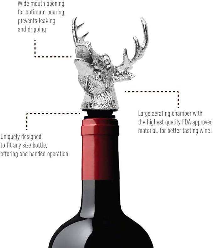 Wine Pourer Wine Aerators Stainless Deer Stag Head Wine Pourer Stags Head Bottle Pourer Unique Gift Ideas Bar Accessories Birthday and Wedding Christmas Gifts (Silver white)