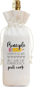 Principal Appreciation Gift Wine Bag, Funny Survival Kit Linen Drawstring Wine Bottle Cover, Reusable Wine Pouch for Principal Back to School Retirement Birthday Thank You Gift - A07