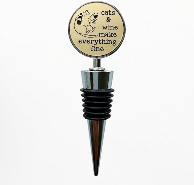 Jazzy Jade Designs Cat Wine Stopper – “Cats & Wine Make Everything Fine!” – Laser Engraved Zinc Alloy & 100% Food-Grade Rubber – Cute Cat Lover Wine Gift, Made in USA