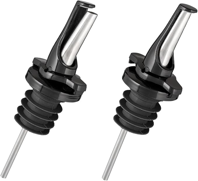 3-in-1 Liquor Pour spout with Built-in Fruit Fly Protection - BPA Free & Dishwasher Safe Hygienic Alcohol Speed Spouts - Also for Olive Oil, Juice, Syrup. Black 2 Pack