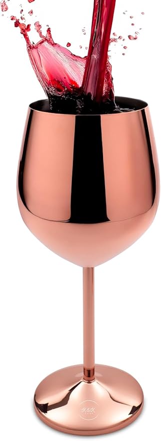 K&K Home Rose Gold Stainless Steel Unbreakable Wine Glasses - 18 oz - Set of 4 Colored, Stemmed Metal Wine Glasses Perfect for Outdoors, Weddings, and Parties
