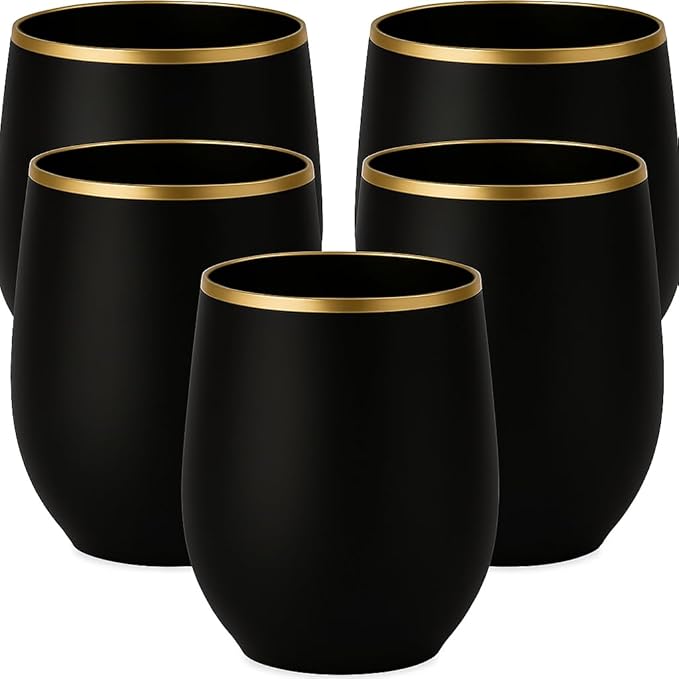 Oojami 40 count 12 Ounce Cups Unbreakable Stemless Plastic Wine Champagne Whiskey Glasses Elegant Durable Disposable Indoor Outdoor Ideal for Home, Office, Bars, Wedding, Black Gold Rim Matte