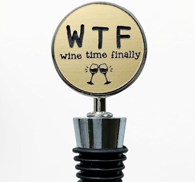 Jazzy Jade Designs Funny Wine Stopper - “Wine Time Finally!” Laser Engraved Zinc Alloy & 100% Food-Grade Rubber Bottle Stopper - Cute Wine Gift & Bar Accessory, Made in USA by Small Business