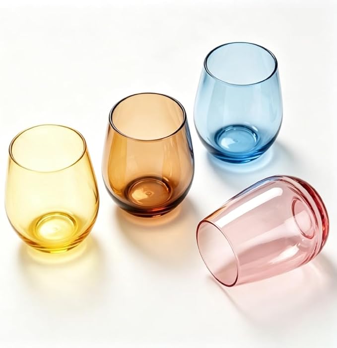 Lily's Home Unbreakable Poolside Acrylic Stemless Wine Glasses and Water Tumblers, Made of Shatterproof Plastic and Ideal for Indoor and Outdoor Use, Reusable. Mixed Colors. 14 Oz. - Set of 4