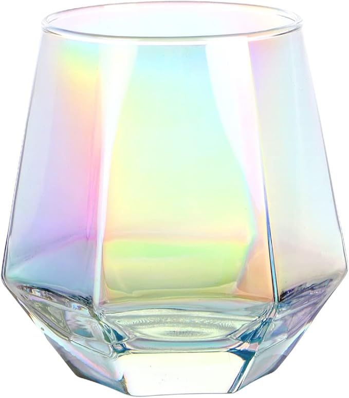 Wine Glass, Stemless Wine Glass for Red and White Wine, Iridescent Diamond Shaped Glassware for Whiskey, Cocktail, Gift for Anniversary, Wedding, Housewarming, Birthday