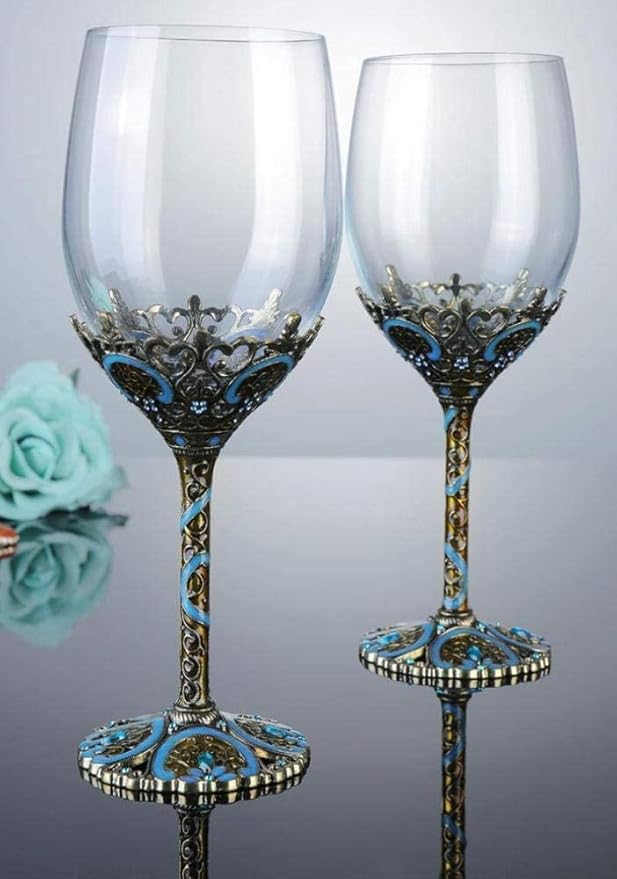 Comeon Wine Glasses Clear Handcrafted Champagne Glasses Red Wine Glasses Set of 2 Enamel Floral Goblets (Blue)