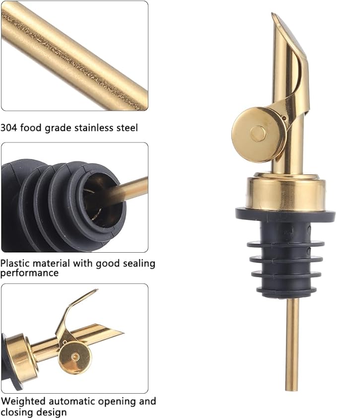 beyonday 6pcs Self Closing Liquor Bottle Pourers - Gold, Auto Flip Wine Bottle Stoppers with Rubber Dust Cap & Cleaning Brush, Weighted Olive Oil Vinegar Dispenser Spout, Fit about 3/4'' Bottle Mouth