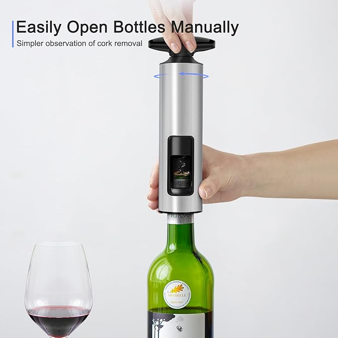 Effort-Saving Wine Opener by ELMWAY, Sleek Self-Pull Manual Corkscrew with Foil Cutter, Stainless Steel Body, Easy to Use & Eco-Friendly for Home & Parties - Silver