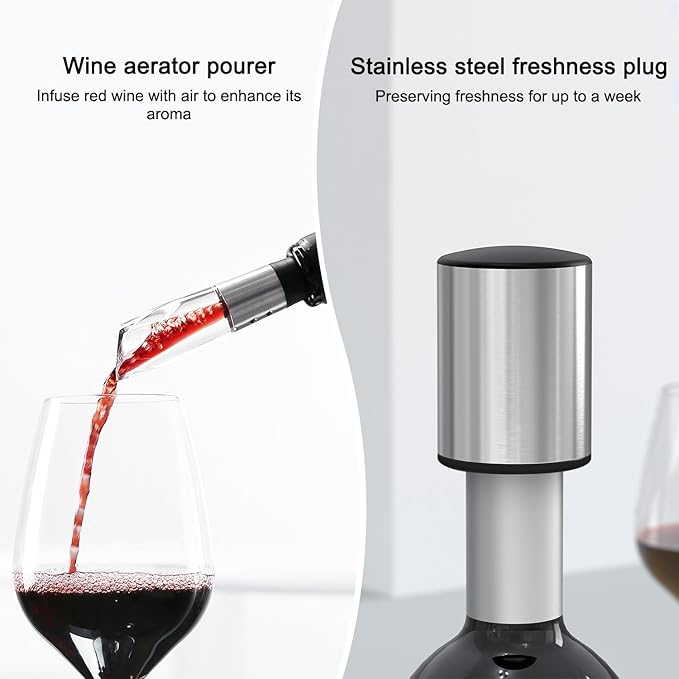 Effort-Saving Wine Opener Set by ELMWAY, Sleek Self-Pull Manual Corkscrew with Foil Cutter, Vacuum Stopper & Wine Aerator Pourer, Stainless Steel Body, Easy to Use for Home & Parties - Silver