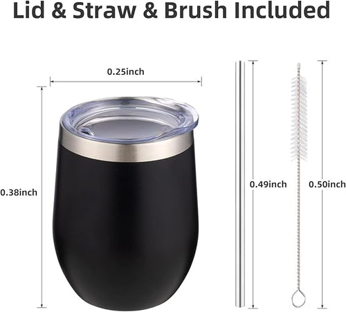 12 oz Insulated Wine Tumbler with Lid and Straw,Stainless Steel Stemless Wine Tumbler Glasses Double Wall Vacuum Wine Cups Tumbler Bulk for Coffee,Champaign,Cocktail（Black,1）